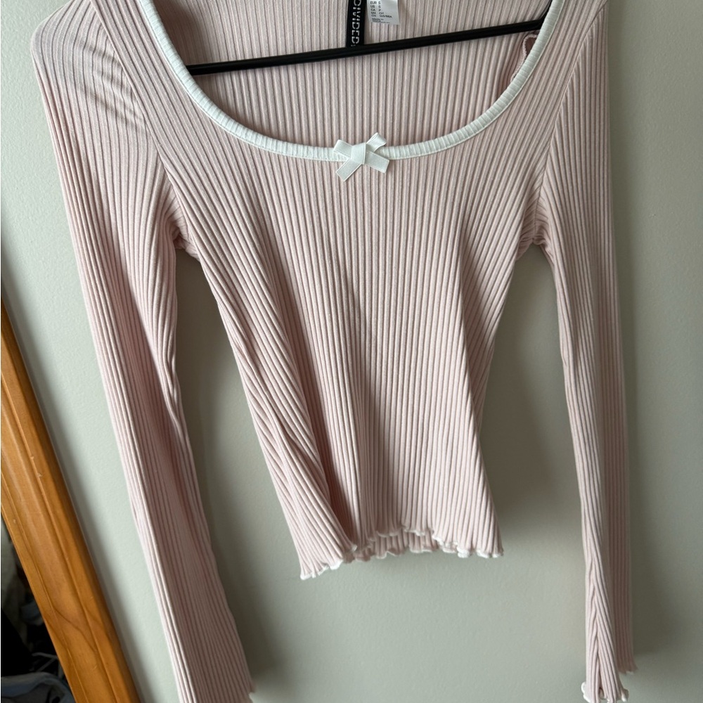 H&M Pink Ribbed Long Sleeve Top with Bow